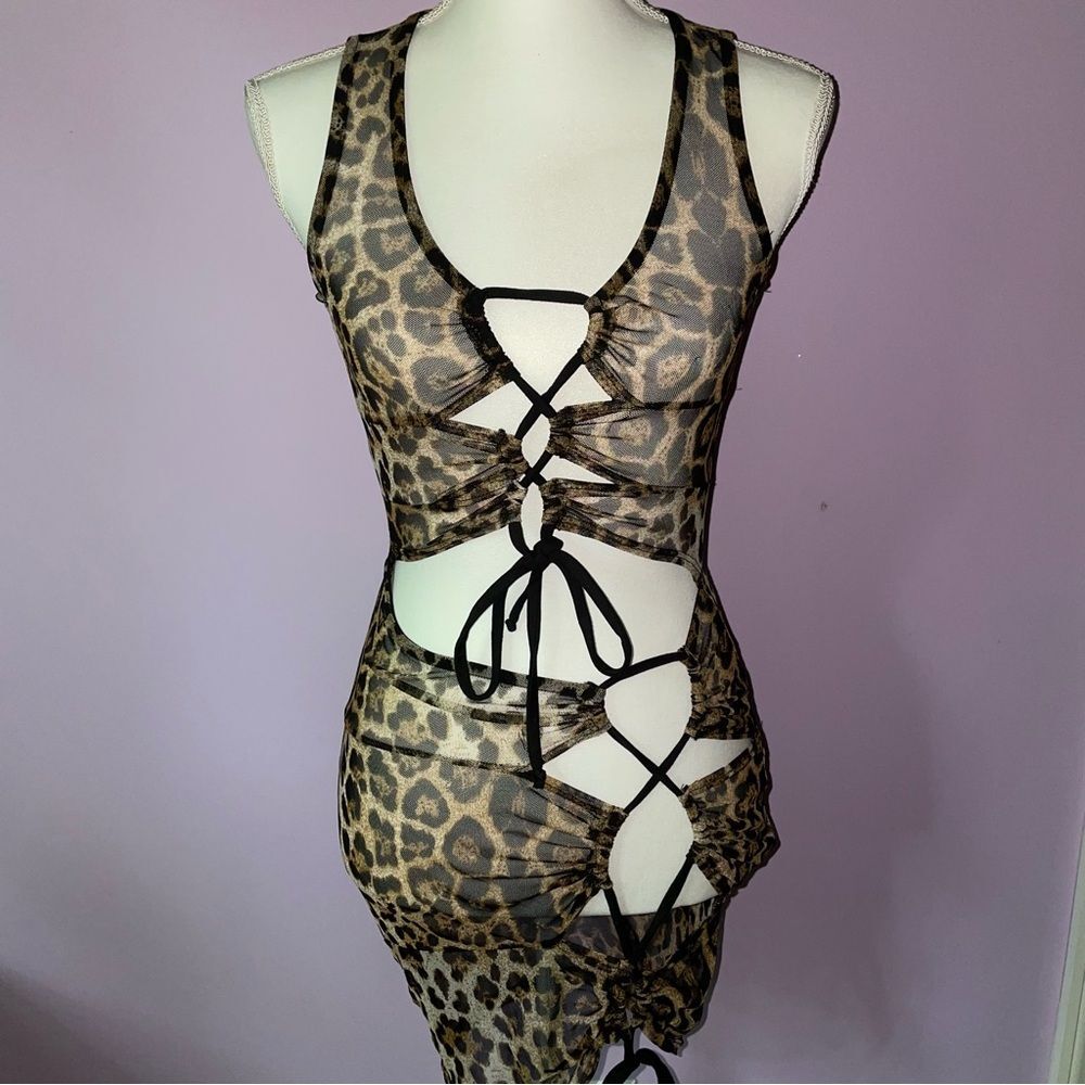 Cheetah Print Swim Cover Up Mesh Cutout Mini Dress Tie Front Small